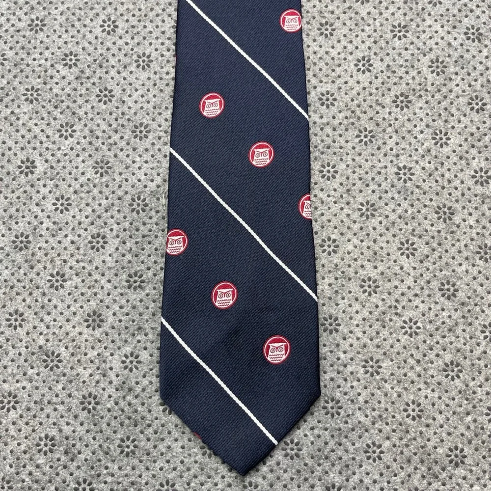 Vintage Kings Choice Mens Navy Blue Striped Owl Crest Silk Blend Tie